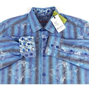 Robert Graham Tick Tock Shirt Mens M Blue Flip Cuff Button Up Clocks Leaves NWT